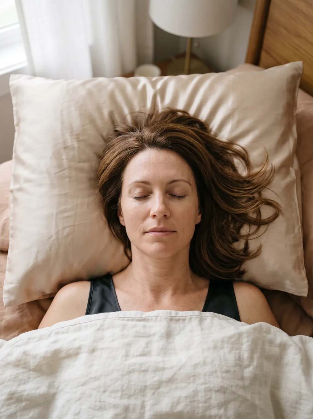 A woman asleep on her back on a champagne silk pillowcase