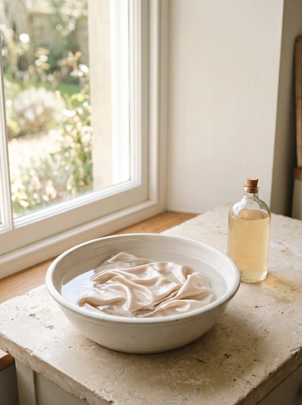 A silk pillowcase soaking in a basin of cool water