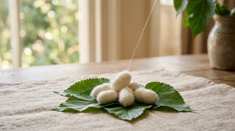 A small pile of white silk cocoons on fresh green leaves on a linen cloth, with one fine thread drawn up from the top cocoon