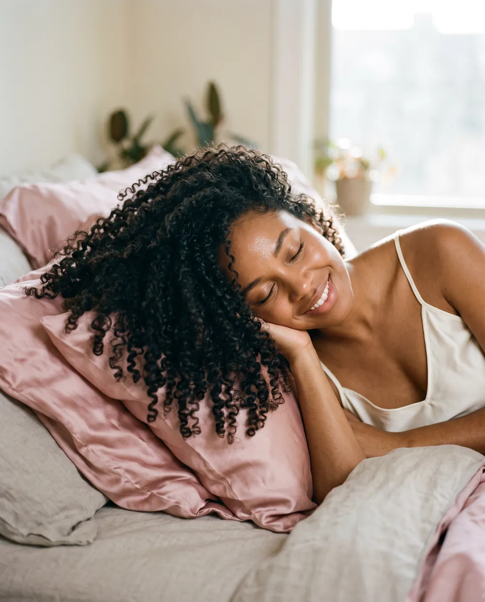 A woman with curly hair asleep on a blush silk pillowcase