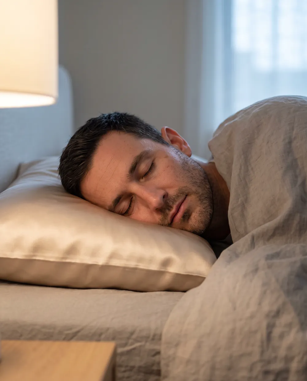 A man asleep on a champagne silk pillowcase