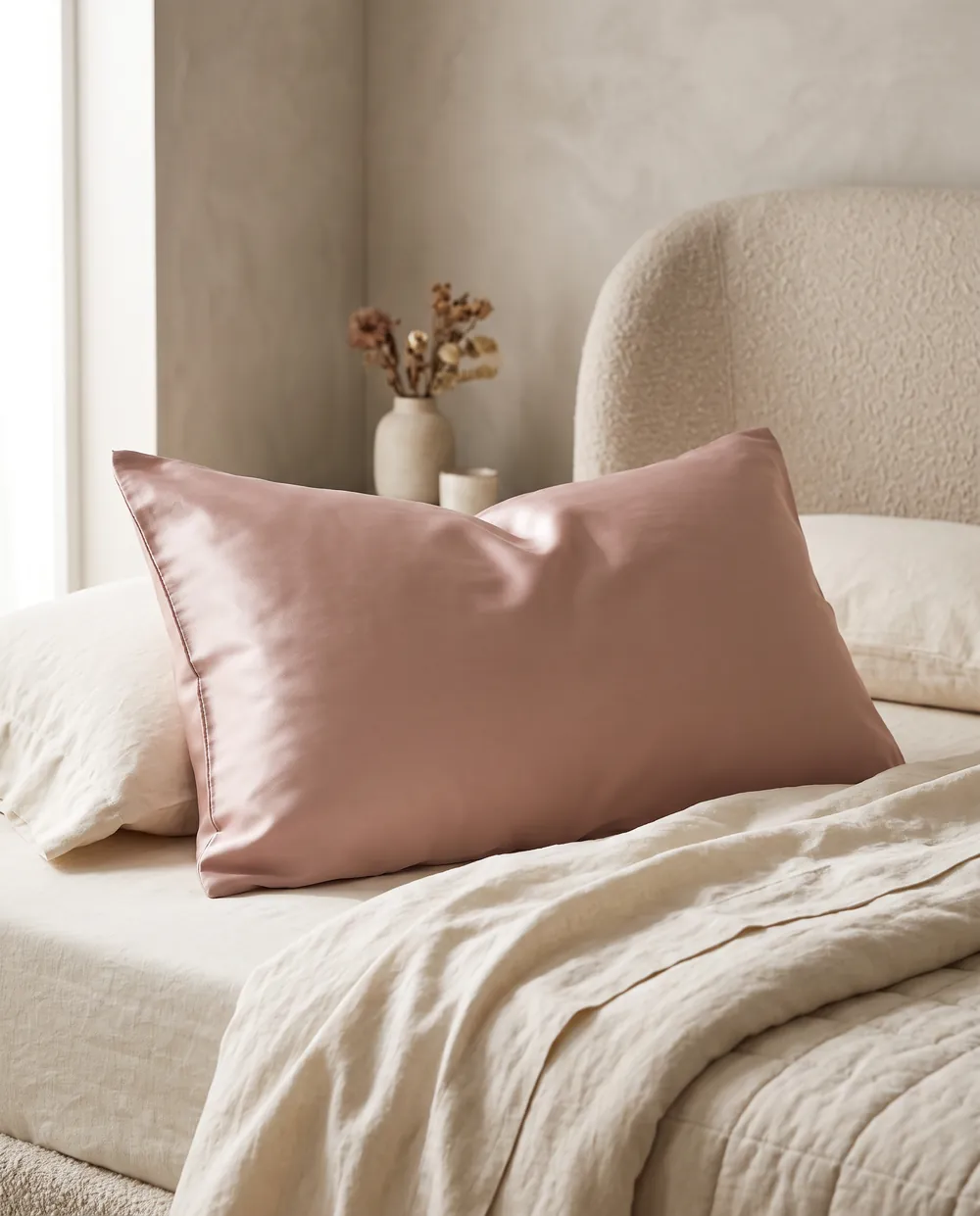 Blush mulberry silk pillowcase on an ivory bed
