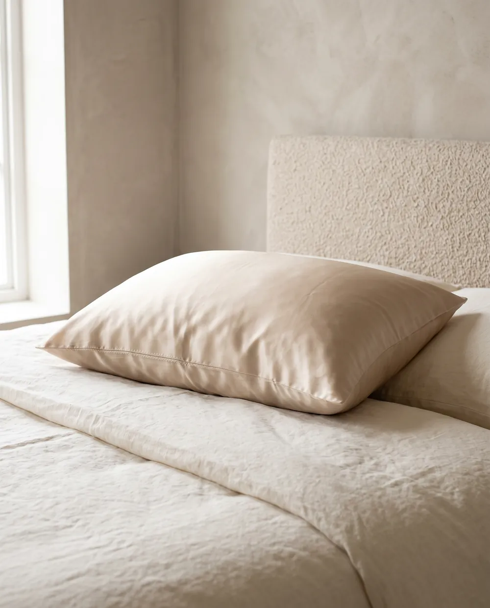 Champagne mulberry silk pillowcase on an ivory bed