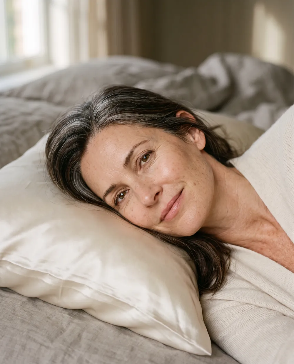 A woman in her fifties resting on a champagne silk pillowcase