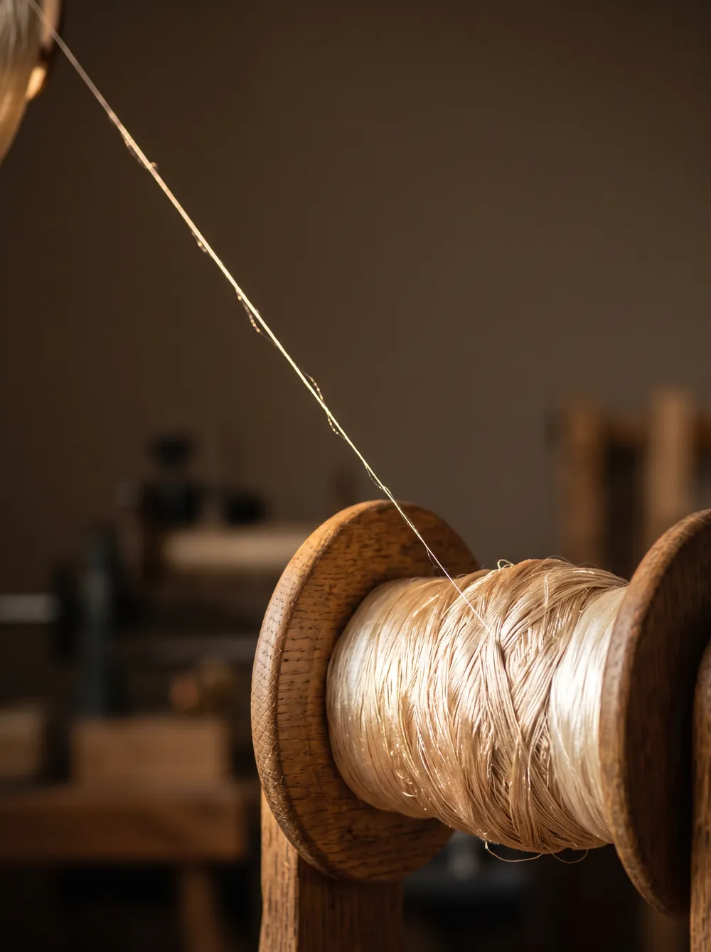Fine silk filament wound onto a wooden reel