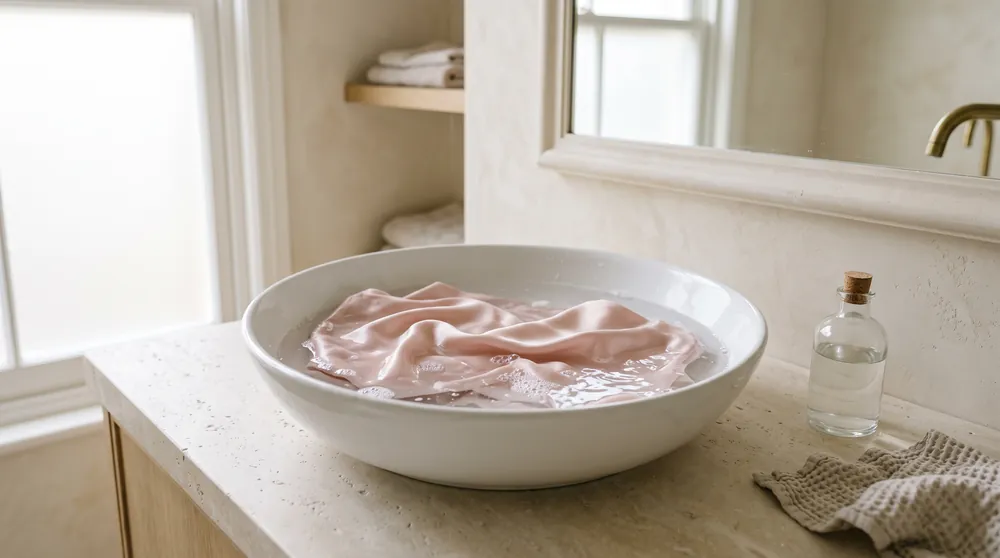A blush silk pillowcase soaking in a white basin of cool water beside a small glass bottle